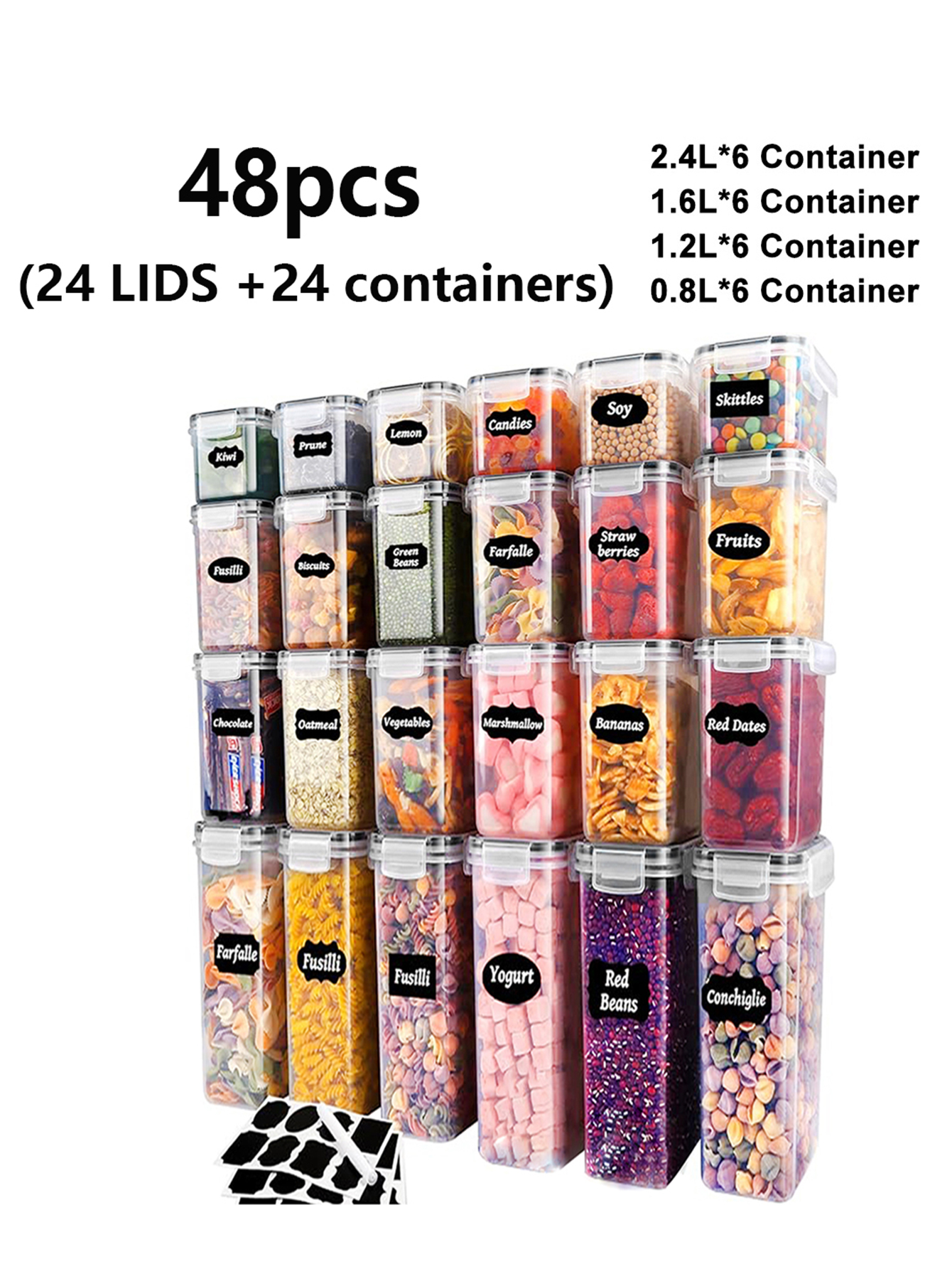 48個入り、蓋付き密封食品保存容器、プラスチック製キッチンパ - Food Storage Canister のレビューと価格